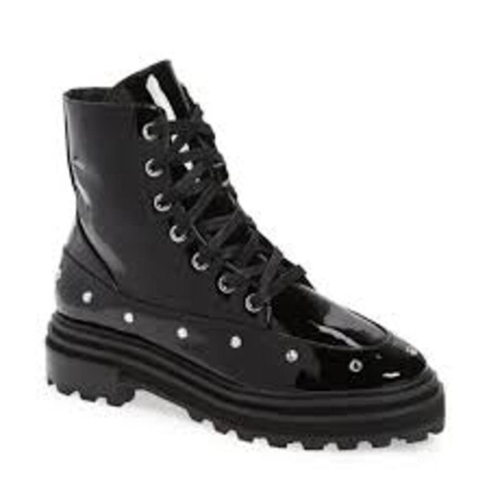 SCHUTZ Abeli Patent Leather Combat Boot Black Lug Sole 7.5 w Gems GOTH GRUNGE - Picture 1 of 7
